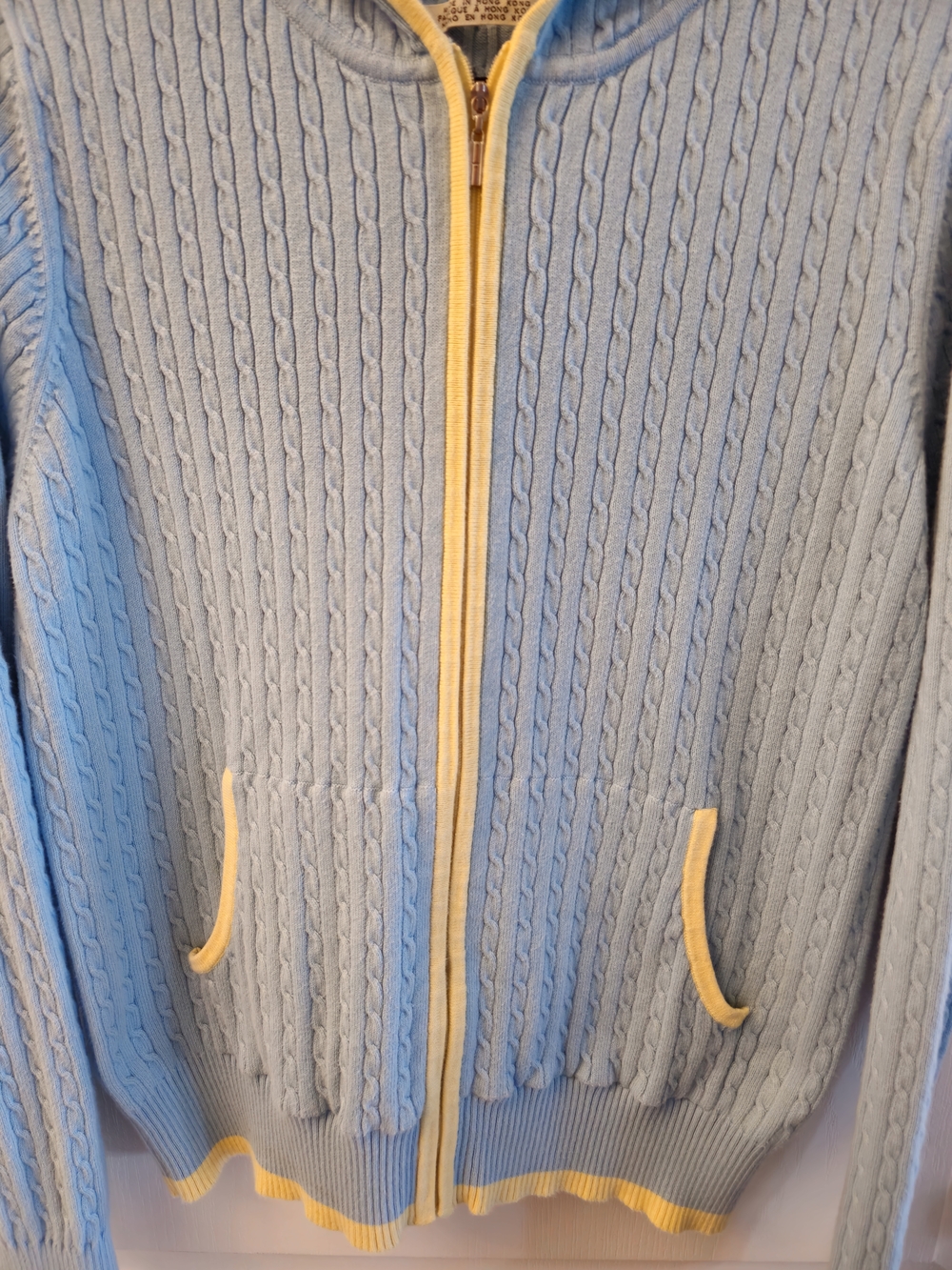 Tommy Hilfiger Light Blue Zip-Up Cable Knit Hoodie with Yellow Trim - Picture 3 of 10